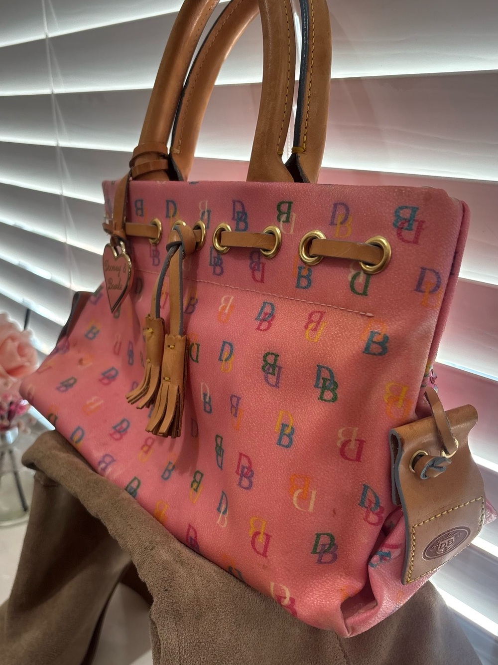 Dooney & Bourke Pink Monogram Canvas Tote with Tan Leather Trim - Picture 4 of 10
